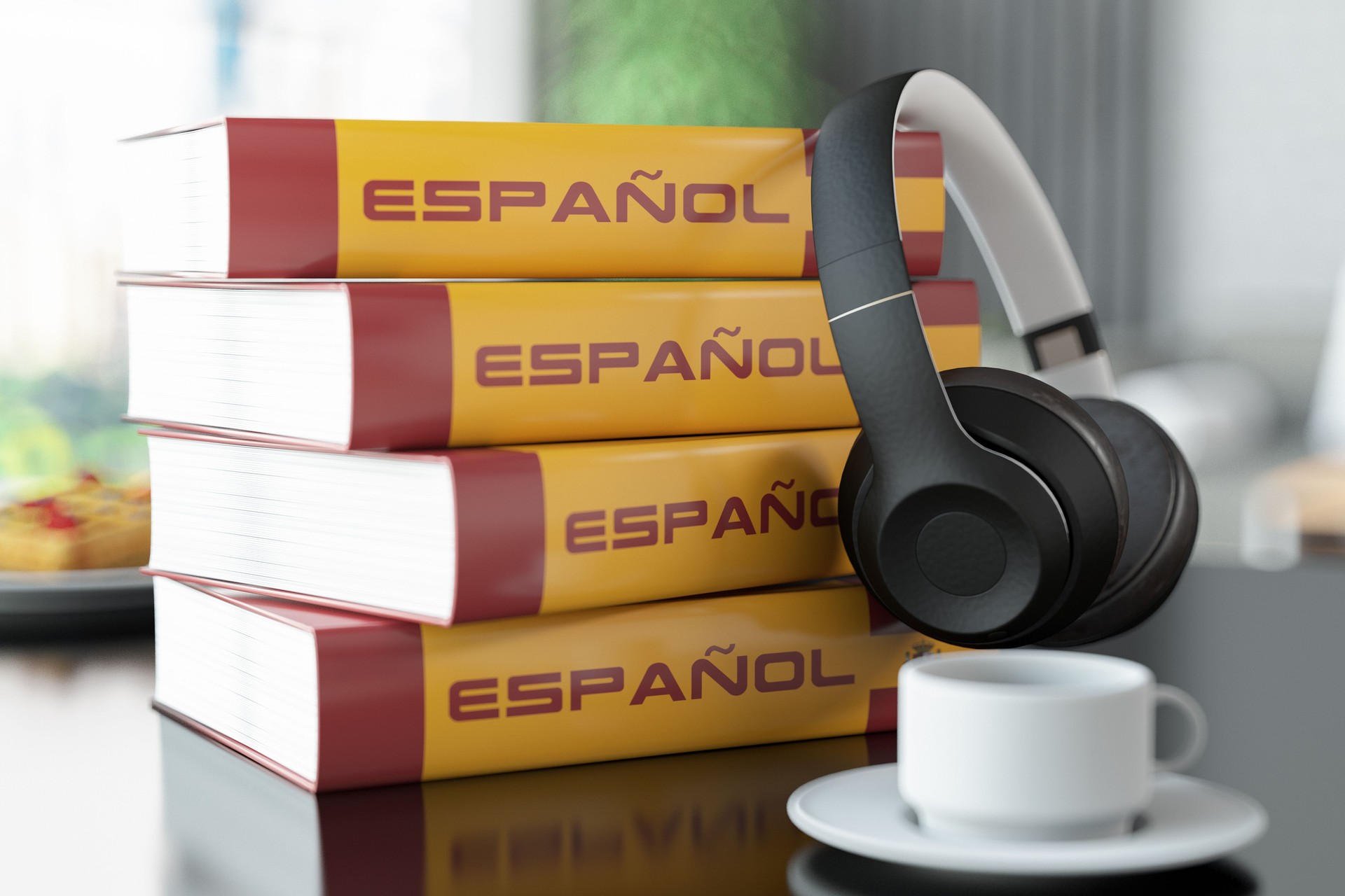 Espanol Spanish Language Learning Course Concept with Books and Headphones